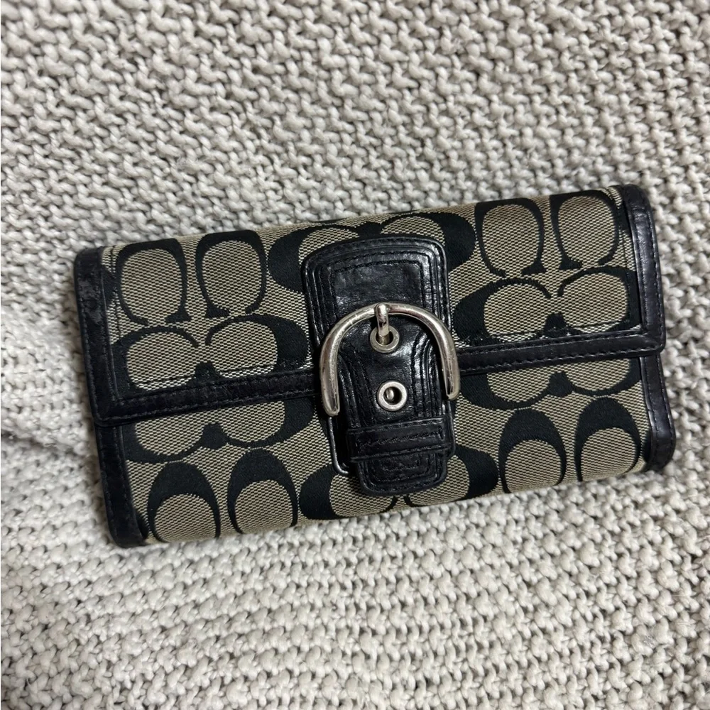 Coach Wallet Leather Silver Snap‎ Signature Canvas Black/Khaki